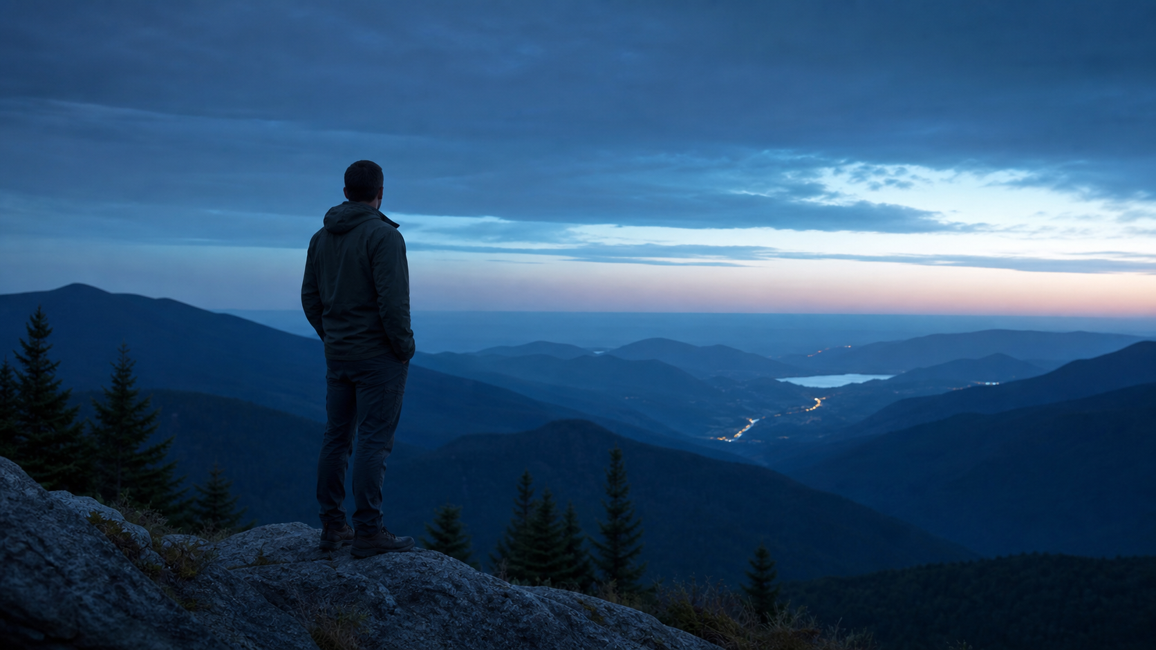 A person looking across a wide mountain horizon