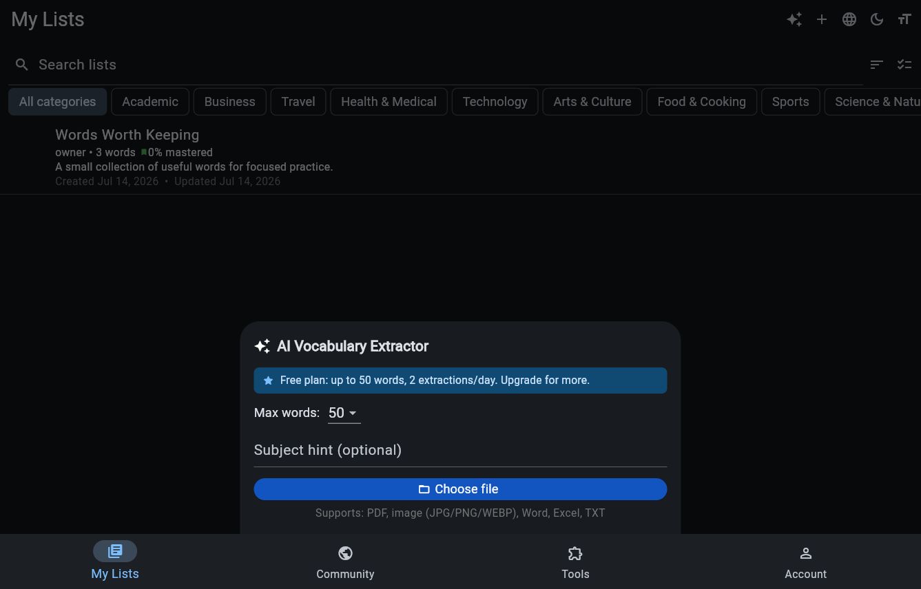 Vocab Depot AI Vocabulary Extractor with file selection and word limit controls