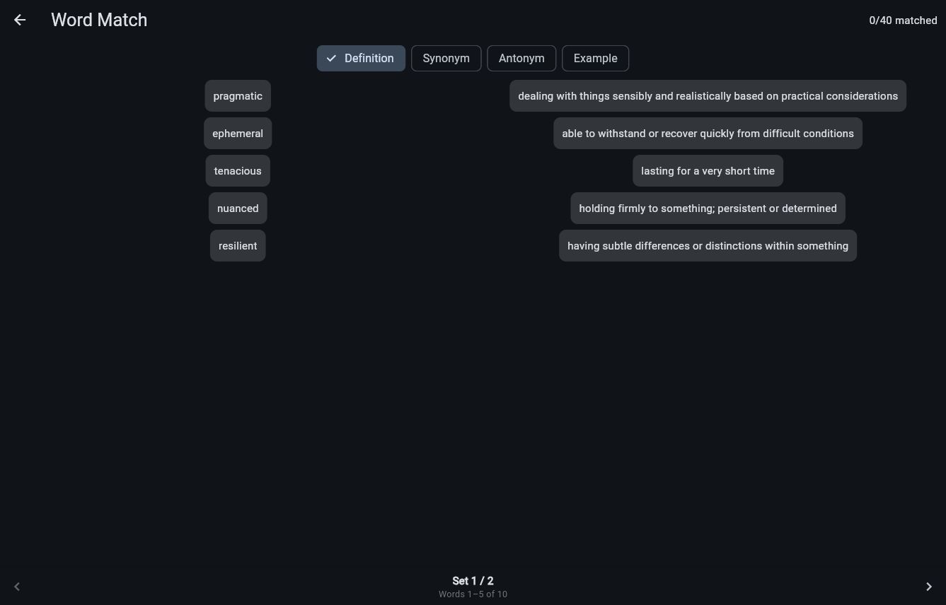 Vocab Depot Word Match game with correct terms and definitions connected