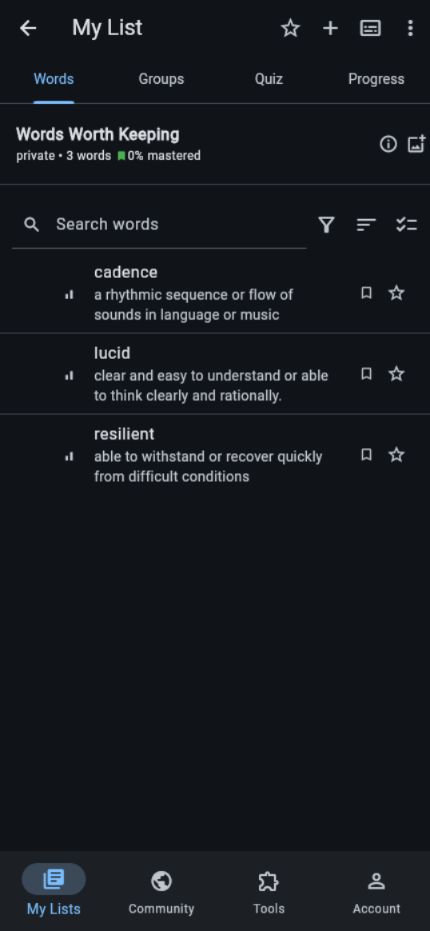 Vocab Depot list in the mobile app layout